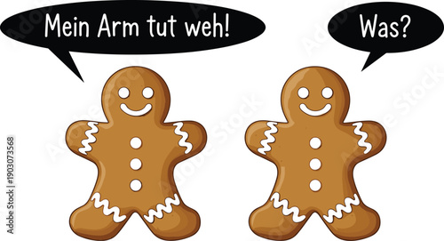 Vector illustration of two cartoon gingerbread men with broken arm joke in German text adding humor and festive character