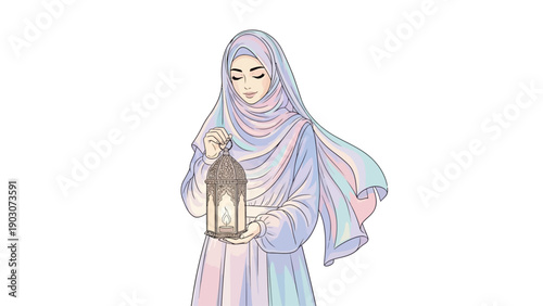 Woman in Hijab holding a lantern, standing alone, illustrated figure, pastel colors, serene atmosphere, front view