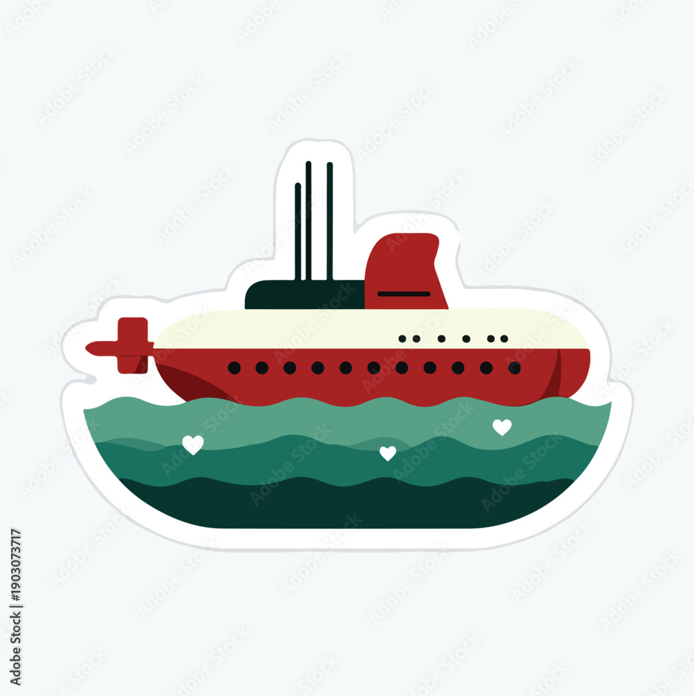 Obraz premium Whimsical Submarine Cartoon – Red and Cream Submarine with Black Periscopes, Green Layered Waves, and White Heart Accents in Playful Sticker Style