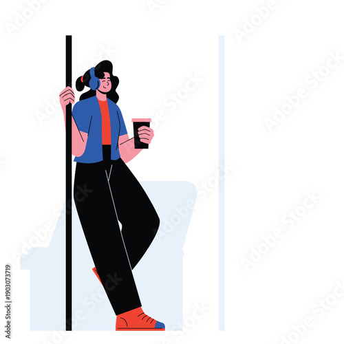 woman standing on pole transport and holding coffe illustration