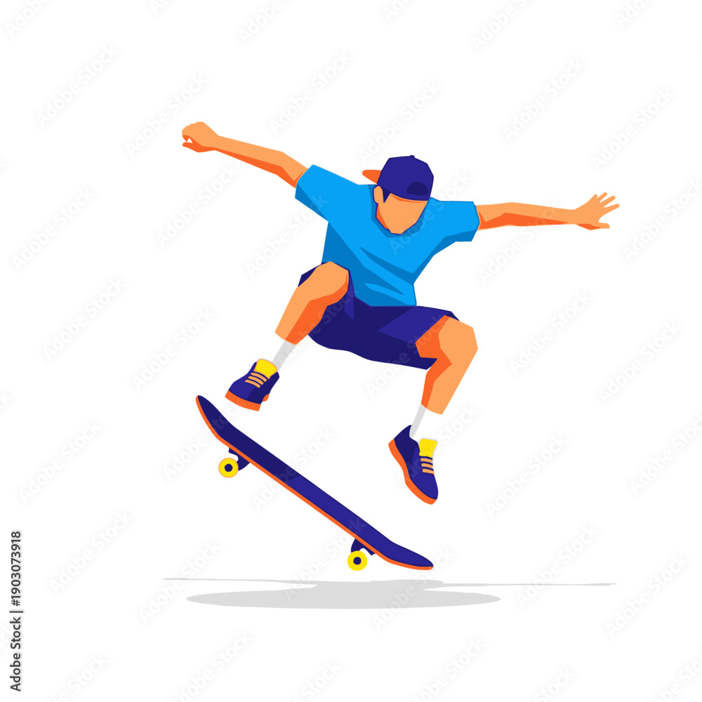 Fototapeta premium Skateboarder performing aerial trick, dynamic action jump, graphic illustration
