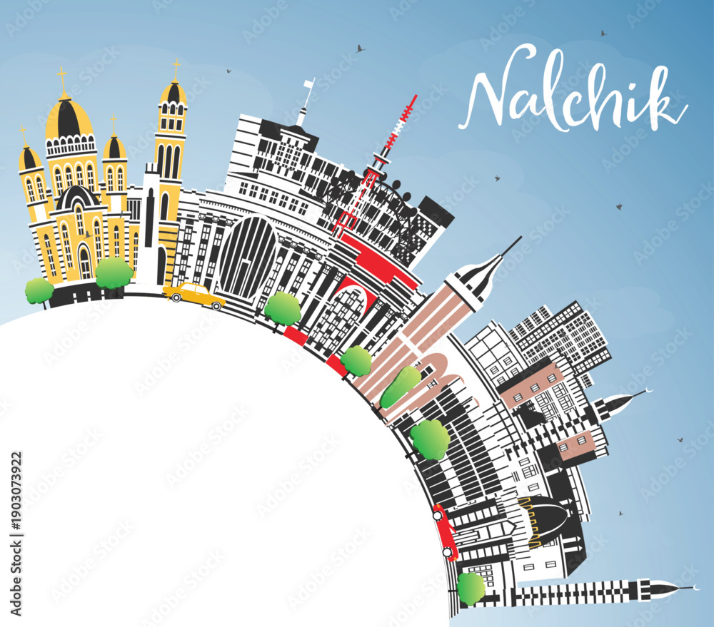 Naklejka premium Nalchik Russia city skyline with color buildings, blue sky and copy space. Nalchik cityscape with landmarks. Travel and tourism concept with modern and historic architecture.