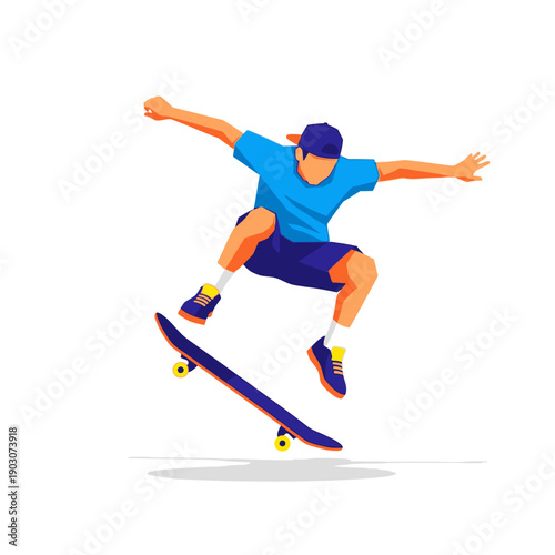 Skateboarder performing aerial trick, dynamic action jump, graphic illustration