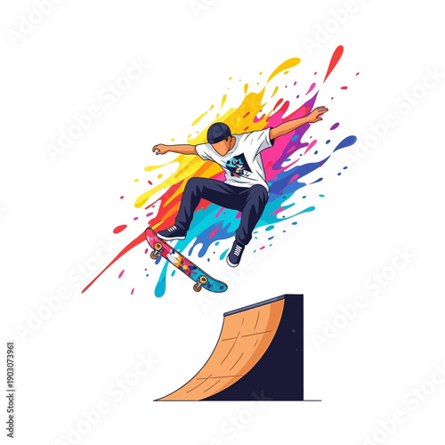 Skateboarder performing trick with vibrant paint splashes, illustration