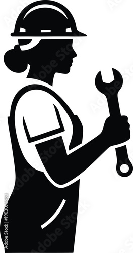 Silhouette of a female construction worker holding a wrench