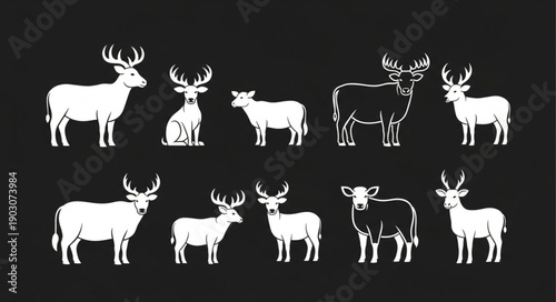 Collection of Deer and Antelope Silhouettes on Black Background.