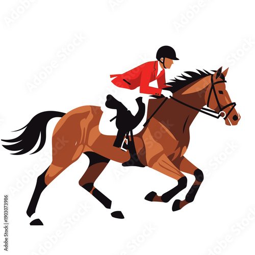 Equestrian Rider in Red Jacket Galloping on Brown Horse