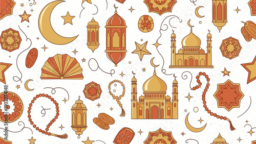 Islamic symbols and motifs in a festive illustration, featuring mosques, lanterns, and crescent moons in a celebratory atmosphere