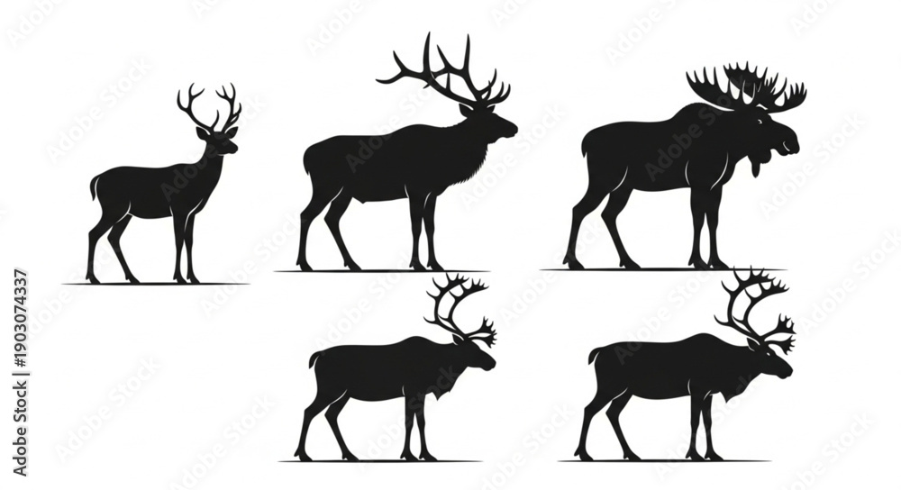 Fototapeta premium Collection of Deer and Moose Silhouettes.