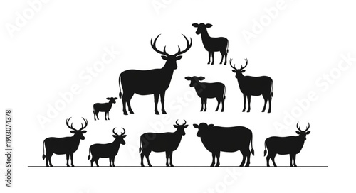 Collection of Deer and Sheep Silhouettes on White Background.
