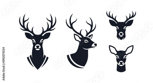 Collection of Deer Head Silhouettes with Antlers.
