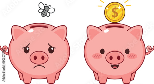 Vector illustration of two cartoon piggy banks showing financial contrast with sad empty slot and happy coin savings symbol