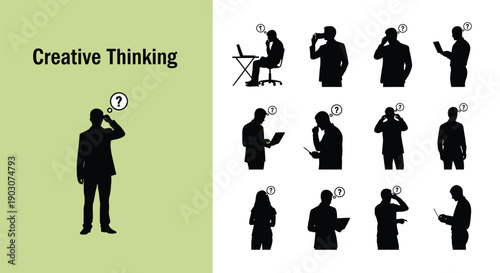 Creative thinking concept illustration featuring silhouettes of people with question marks thinking deeply and working on devices