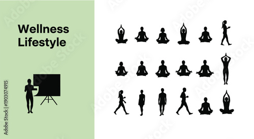 People practicing yoga and meditation for a healthy wellness lifestyle with various poses and techniques demonstrated