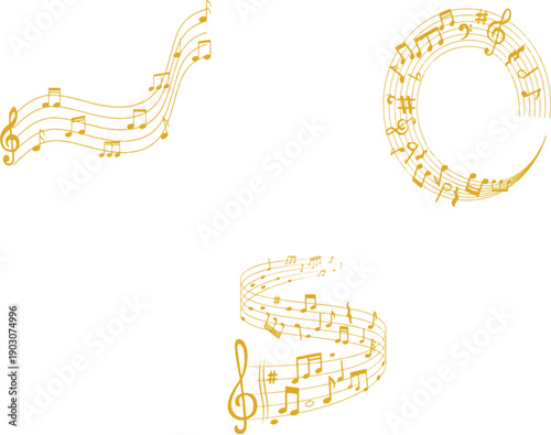 Vibrant gold musical motifs feature flowing staff lines, a circular note ring, and a bold treble clef, crafting an elegant decorative music design ideal for posters, backgrounds, or stock artwork.