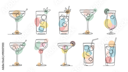 Set of ten stylized cocktail glasses with ice cubes and fruit garnishes featuring abstract colored circles in the background.
