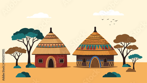 Traditional African huts with decorated conical roofs situated in a savanna landscape under a bright sky with flying birds.