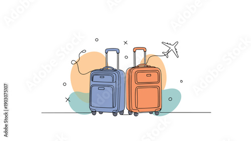 Illustration of two suitcases, one blue and one orange, standing ready for travel with a plane silhouette and abstract shapes.