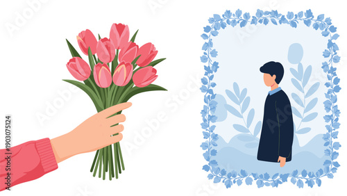 Image of a hand holding a bunch of pink tulips alongside a portrait of a person framed by blue floral decorations.