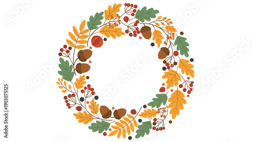 Autumnal wreath made of colorful fall leaves, acorns, and berries arranged in a circular frame on a plain white background.