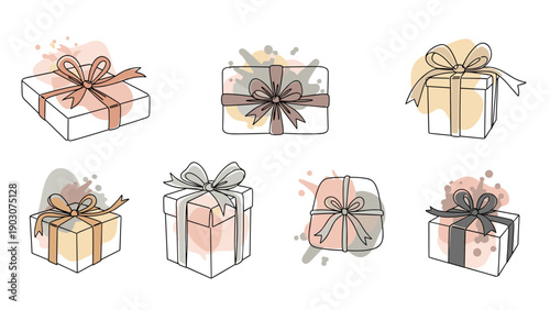 Set of seven diverse gift boxes wrapped with ribbons and bows featuring abstract watercolor splashes in various colors.