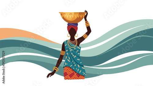 Silhouette of an African woman in traditional attire carrying a large bowl on her head against stylized turquoise and orange waves.