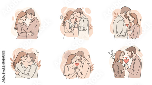 Set of romantic illustrations depicting various couples in intimate poses and moments of affection on soft backgrounds.