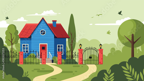 Picturesque blue house with a red roof and a black wrought iron fence set in a lush green landscape with trees.
