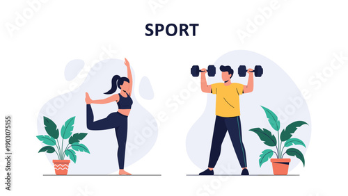 Man lifting dumbbells and a woman practicing yoga in a bright room with potted plants and a sport title.