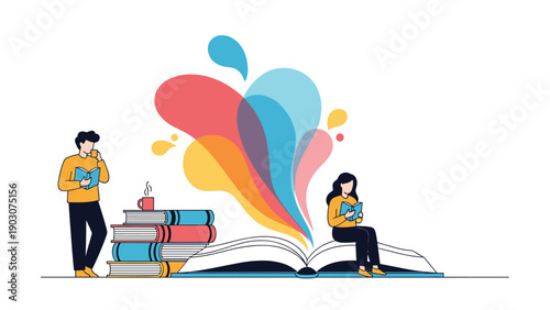 People reading books with colorful abstract thoughts and ideas bursting from a large open book on the floor.