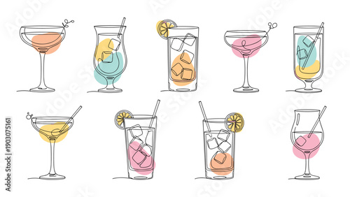 Various cocktail and drink glasses illustrated in line art style with vibrant splashes of color representing different beverages.