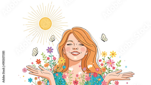 Happy woman with closed eyes enjoying a sunny day surrounded by a vibrant field of flowers and butterflies.