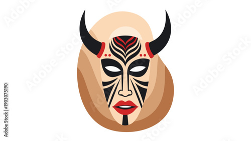 Striking tribal mask with black facial markings, red lips, and two large black horns on a neutral background.