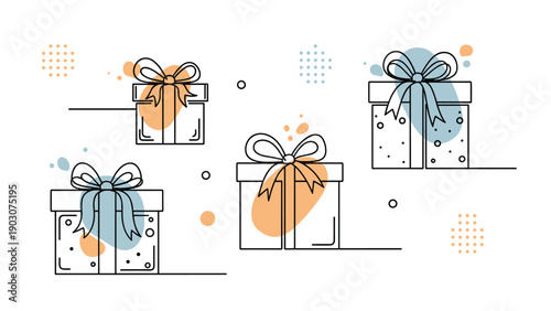 Minimalist line art illustration of multiple gift boxes with ribbons and colorful abstract circle and splash backgrounds.