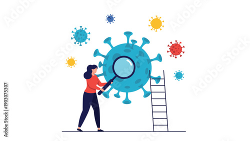 Scientist or doctor examining a large virus cell using a magnifying glass to understand and fight a pandemic disease in a laboratory.