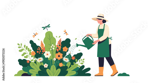 Woman wearing a straw hat and apron watering a lush garden of colorful flowers and green leaves with a watering can.