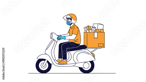 Delivery man wearing a face mask and gloves riding a white scooter with a large box of packages on the back during quarantine.