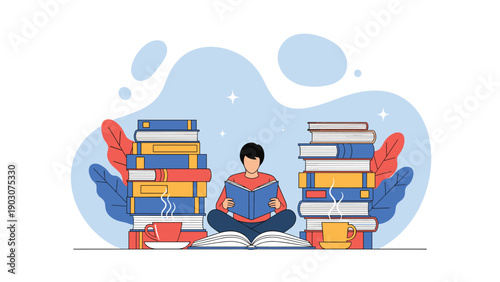 Man sitting cross legged and reading a blue book surrounded by two large stacks of colorful books and steaming cups of coffee.