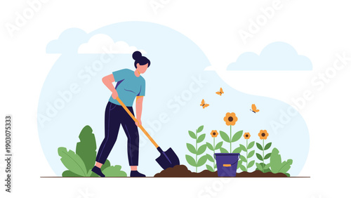 Woman working in a garden with a shovel and planting yellow flowers near a bucket under a blue sky with clouds and butterflies.