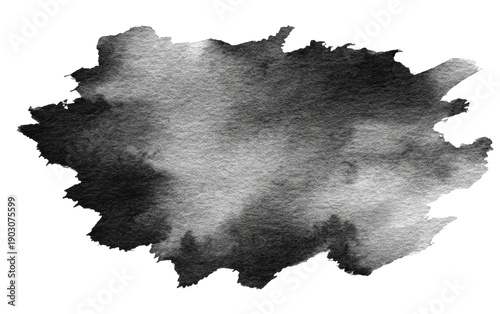Detailed black and gray watercolor wash texture, an abstract ink splotch with soft, uneven edges