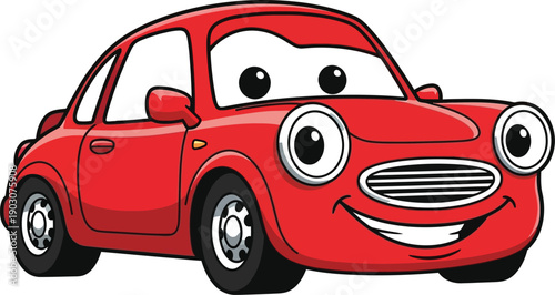 Cheerful red cartoon car with big eyes and a smile on a white background