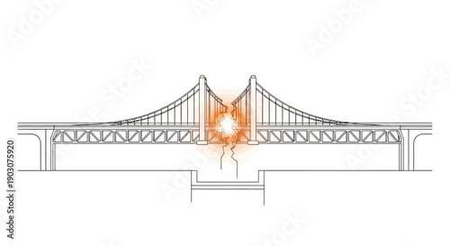 Suspension bridge with orange explosion or fire at center damage concept