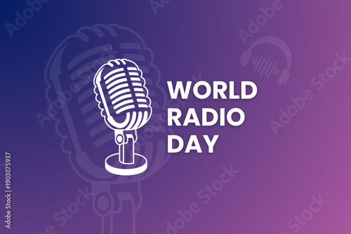 World Radio Day Vector Illustration Concept with Classic Microphone on Purple Gradient Background. World Radio Day Template Celebration, radio broadcasting, podcast promotion, media campaigns, posters