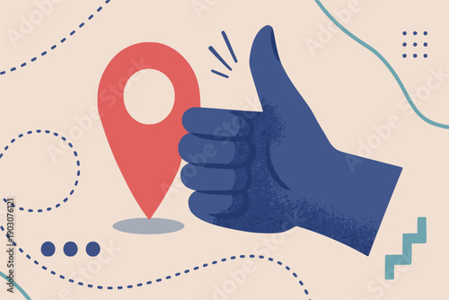 thumbs up location pin map travel holiday background flat color vector illustration template design