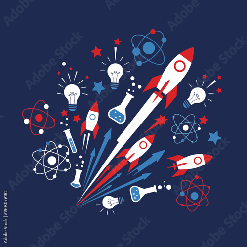 Innovative Space Exploration Concept with Rockets and Scientific Icons