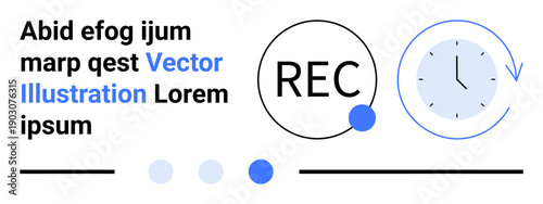 Circular REC recording button and clock with arrow symbolizing time tracking, minimalist text layout, and progress indicator dots. Ideal for technology, time tracking, workflow, recording, user