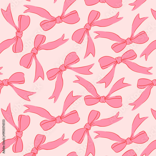 Seamless vector pattern with decorative pink ribbon bows on soft pastel background, perfect for gift wrap, fabric, greeting card, feminine design and romantic decoration.
