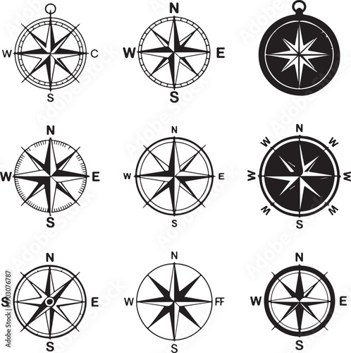 black and white compass rose symbols for navigation and direction