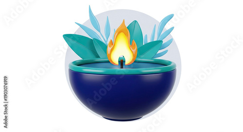 3D Render of a Diya Lamp with Flame and Leaves