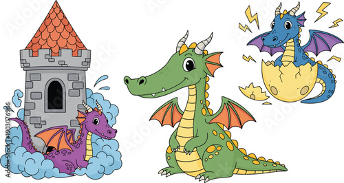 Cute cartoon dragon family illustration with castle tower, baby dragon hatching egg, fantasy fairytale characters for children storybook design